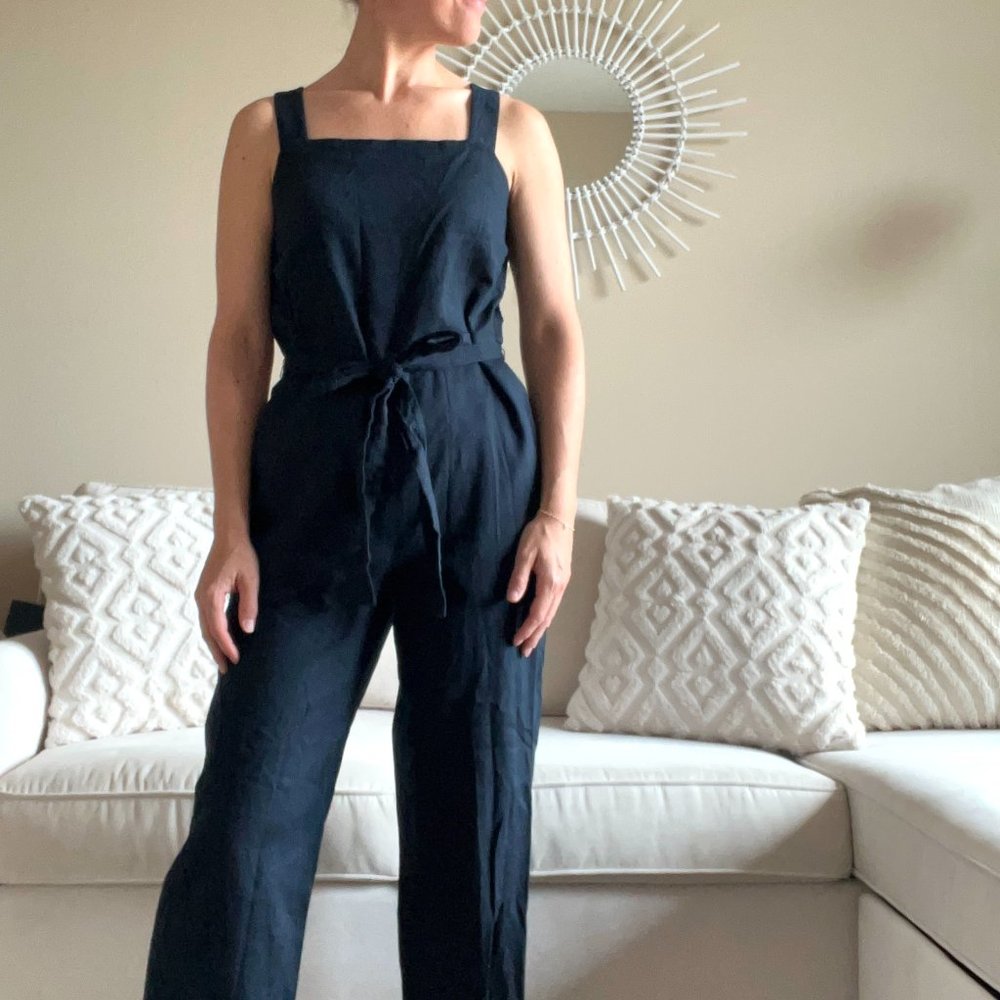 NEW INC Linen Jumpsuit in Navy Blue